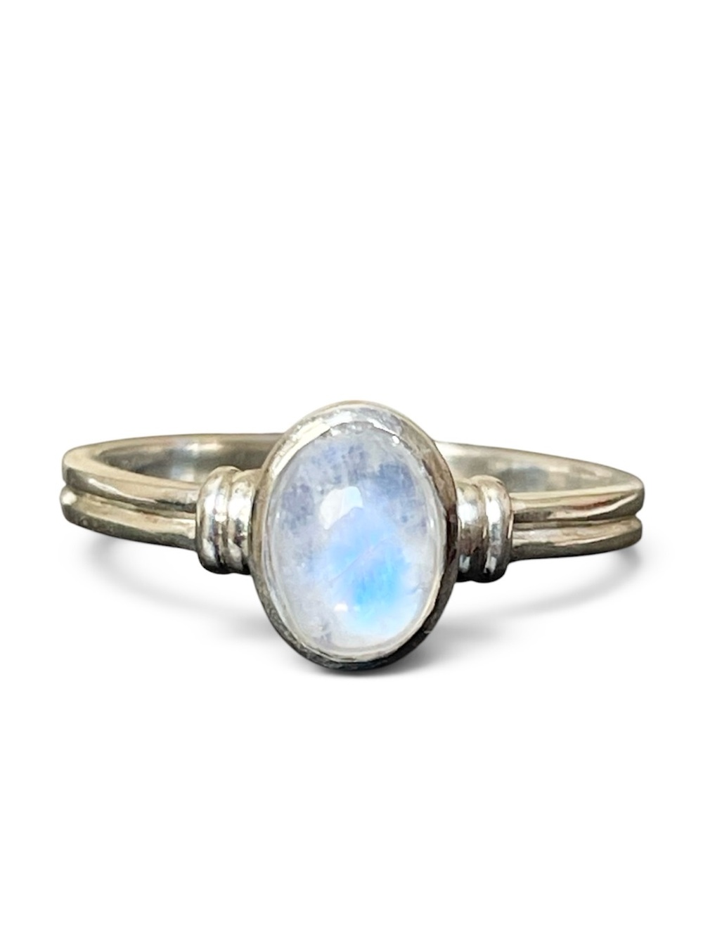 Natural Moonstone 925 Sterling Silver Oval Ring US: 7 - Rainbow Blue Glow